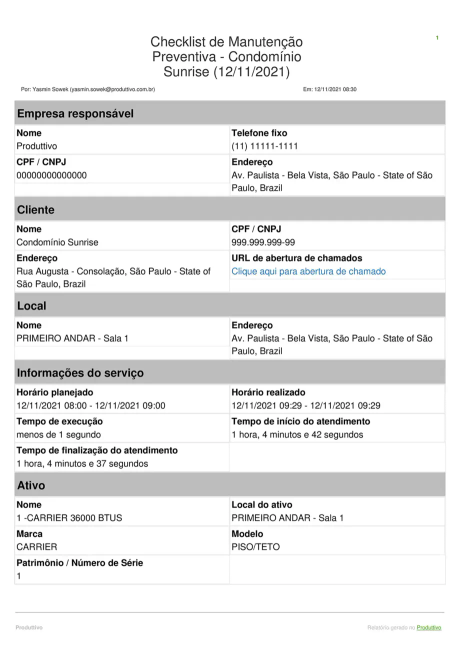 Modelo de Manutenção preventiva gerado no Produttivo