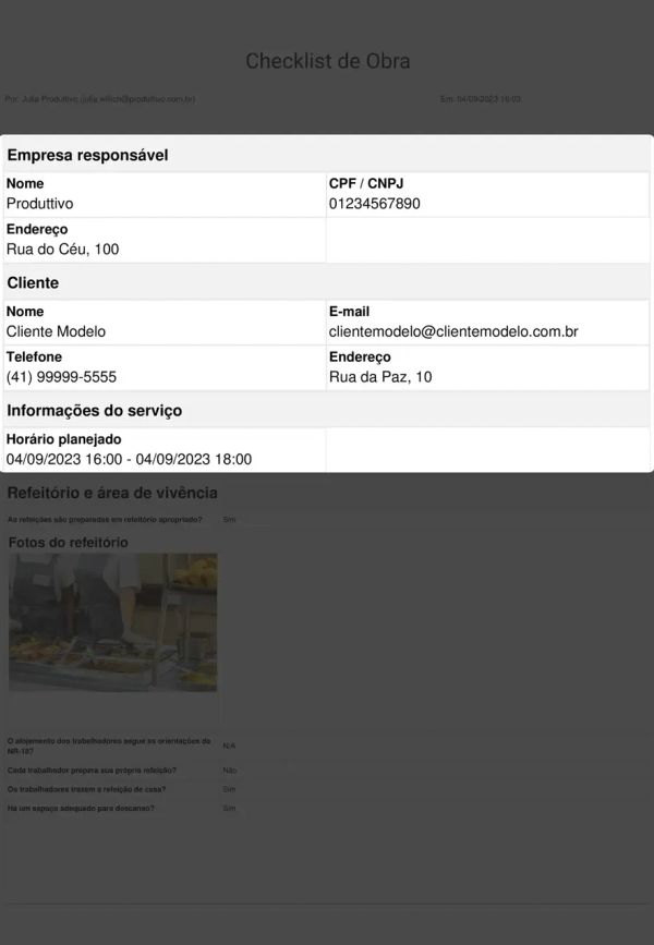 Checklist de obra Cabeçalho