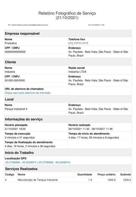 Modelo de Relatório fotográfico gerado no Produttivo