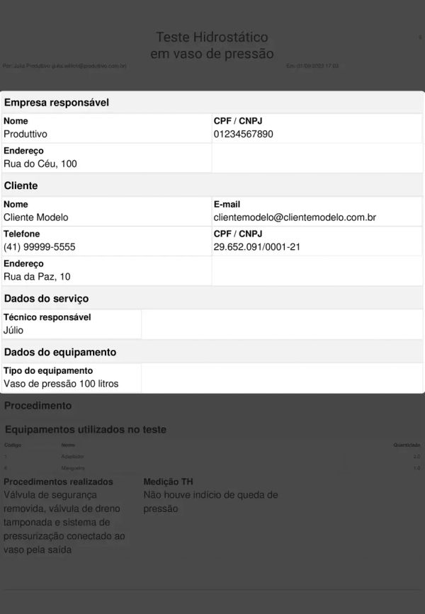 Checklist para teste hidrostático Cabeçalho