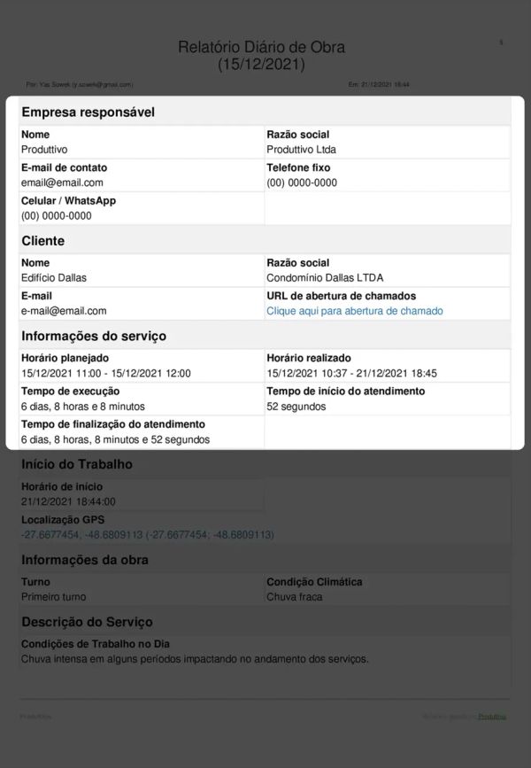 Relatório Diário de Obra (RDO) Cabeçalho