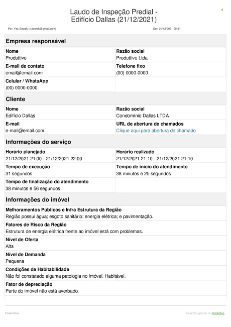 Modelo de Inspeções gerado no Produttivo