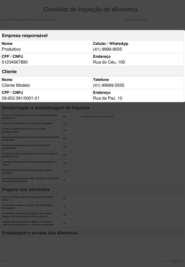 Checklist de Inspeção de Alimentos Cabeçalho