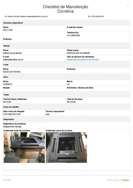Modelo de Manutenção corretiva gerado no Produttivo