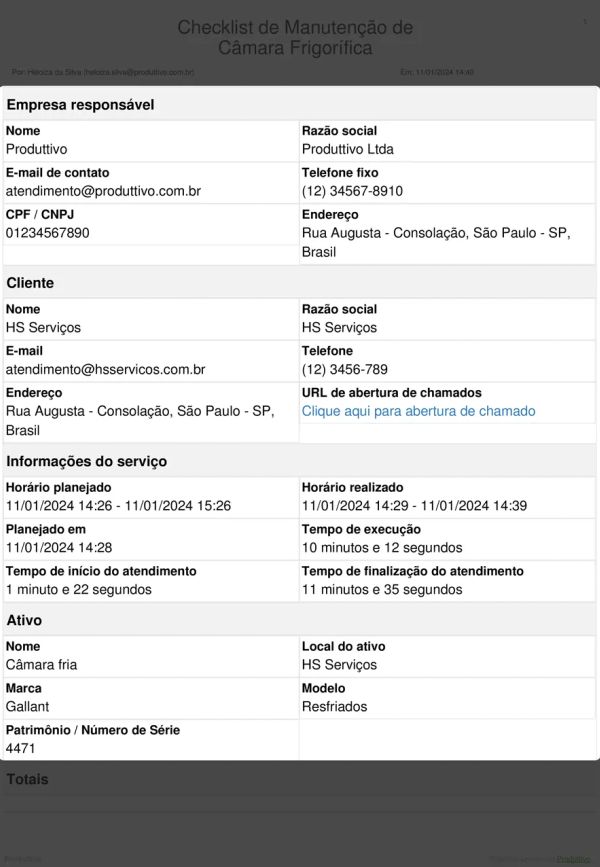 Checklist de Manutenção de Câmara Frigorífica Cabeçalho
